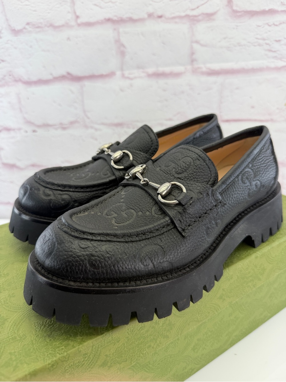 Gucci Piuma Calfskin Embossed Womens Platform Lug Sole Loafers 38.5 Black